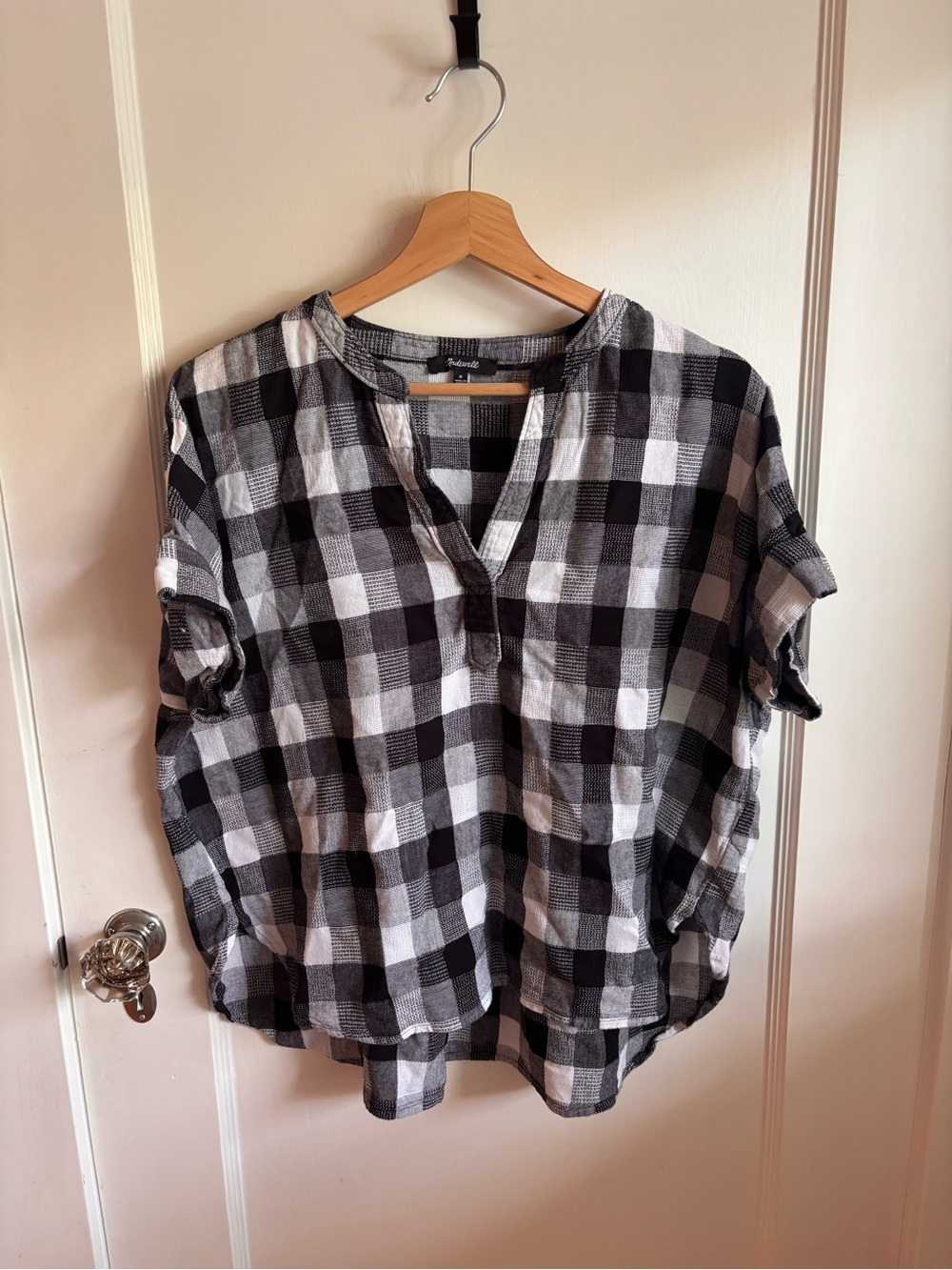 Madewell Black & White Plaid Split-Neck Top